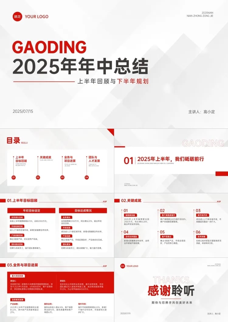点击进入编辑 红色商务风年中总结上半年总结汇报简约PPT套装AIGC预览效果