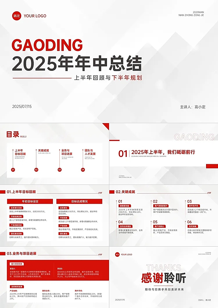 红色商务风年中总结上半年总结汇报简约PPT套装AIGC