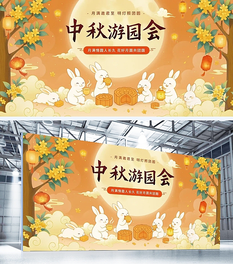 插画中秋国庆线下商场活动展板kv背景板AIGC