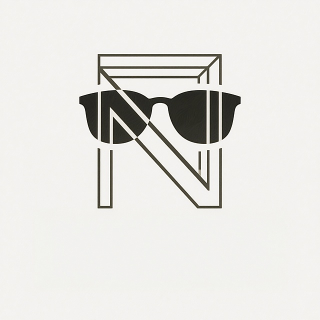 Nexidust墨镜品牌logo，日本审美风格，简约侘寂风，几何线条构成，融合字母N与墨镜轮廓，低饱和度配色，留白设计，线条纤细精致，极简主义，高级感，无衬线字体