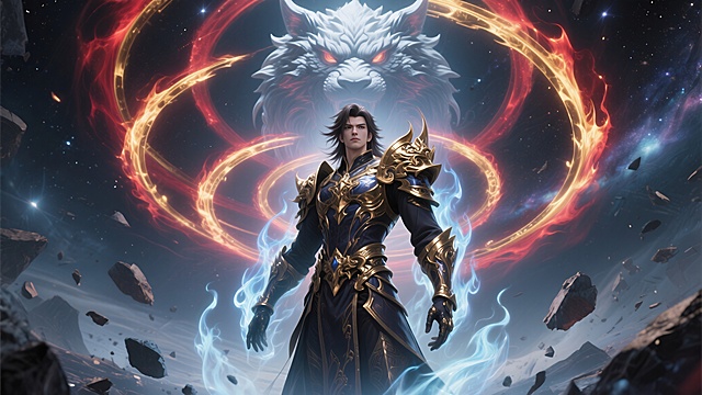 3D风金属装甲战士，神秘液态能量环绕，酷炫未来感十足，虚拟现实宇宙背景。