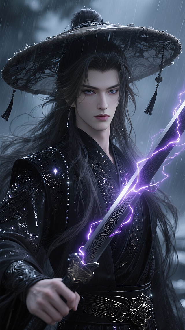 高级cg，古风美男，3d，线条清晰，明暗对比，朦胧氛围感，垂坠感，高级感，超高清画质，液态金属光泽黑茶灰色及腰超长蓬松凌乱发丝，细闪发光，蓬松超长发，凌乱拂面。妖孽的绝美容颜，正面头部特写。清冷，矜贵，妖孽，狭长的丹凤眼，极致妖孽的容貌，极致清冷感，清晰的睫毛。身着珠光黑色精美繁复华丽纱织汉服，细节配饰。星河流转的细闪发光绝美眼睛，冰冷，疯批，立体五官，朦胧感，微距镜头，冷光冷色调，动态光影，高质量，背景细闪发光特效，清透的水光肌肤，油腻的油画质感，黑色金属雕刻暗纹薄纱流苏装饰斗笠，微微抬眸，一袭黑衣，衣袂飘飘。手持黑色古朴图腾花纹锋锐长剑，剑身跳跃闪烁紫色雷光特效光，雨夜，紫霄神雷