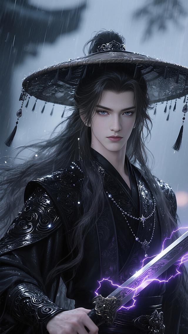 高级cg，古风美男，3d，线条清晰，明暗对比，朦胧氛围感，垂坠感，高级感，超高清画质，液态金属光泽黑茶灰色及腰超长蓬松凌乱发丝，细闪发光，蓬松超长发，凌乱拂面。妖孽的绝美容颜，正面头部特写。清冷，矜贵，妖孽，狭长的丹凤眼，极致妖孽的容貌，极致清冷感，清晰的睫毛。身着珠光黑色精美繁复华丽纱织汉服，细节配饰。星河流转的细闪发光绝美眼睛，冰冷，疯批，立体五官，朦胧感，微距镜头，冷光冷色调，动态光影，高质量，背景细闪发光特效，清透的水光肌肤，油腻的油画质感，黑色金属雕刻暗纹薄纱流苏装饰斗笠，嘴角微扬，一袭黑衣，衣袂飘飘。手持黑色古朴图腾花纹锋锐长剑，剑身跳跃闪烁紫色雷光特效光，雨夜，紫霄神雷