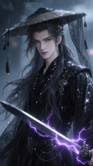 高级cg，古风美男，3d，线条清晰，明暗对比，朦胧氛围感，垂坠感，高级感，超高清画质，液态金属光泽黑茶灰色及腰超长蓬松凌乱发丝，细闪发光，蓬松超长发，凌乱拂面。妖孽的绝美容颜，正面头部特写。清冷，矜贵预览效果