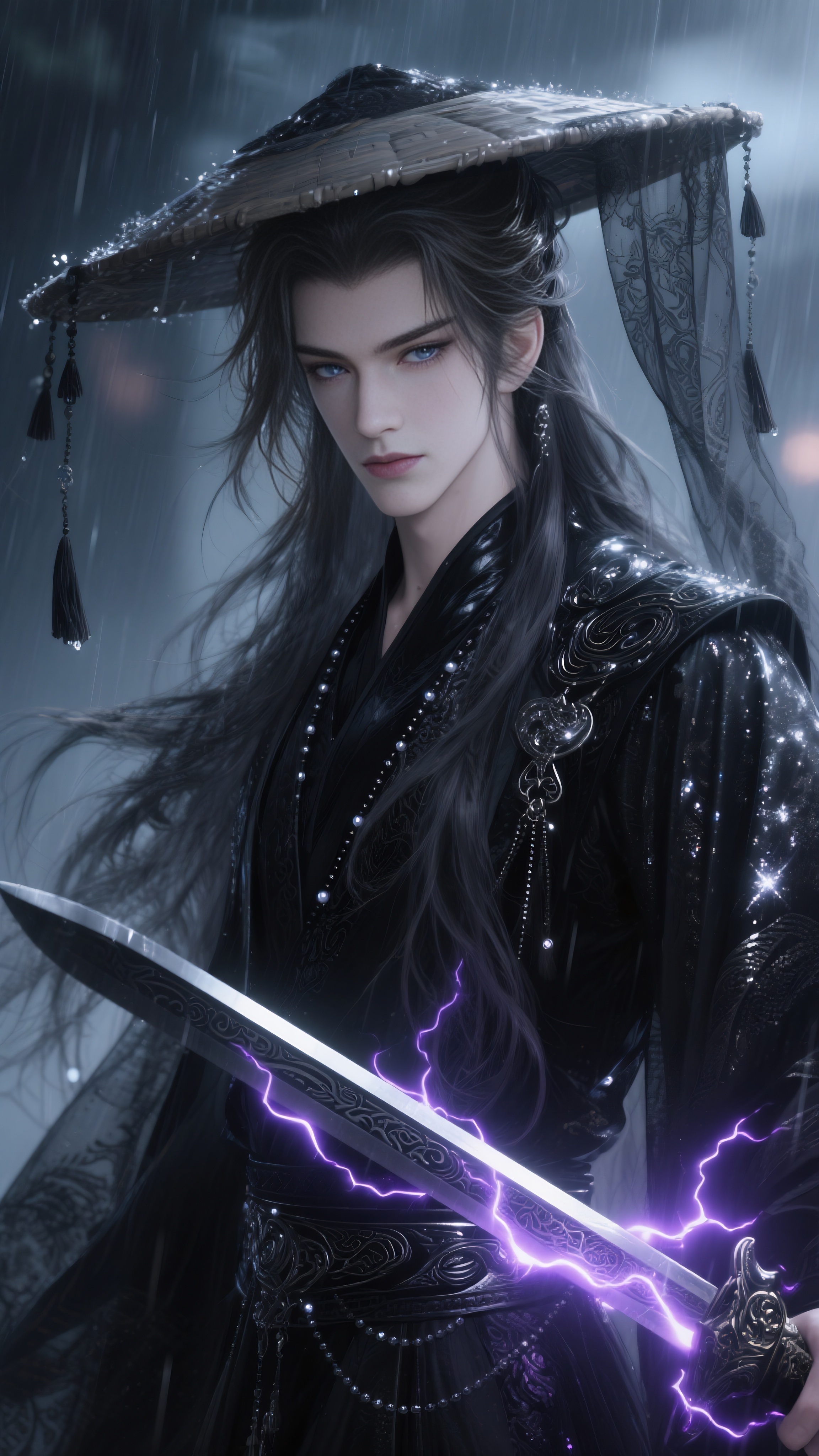 高级cg，古风美男，3d，线条清晰，明暗对比，朦胧氛围感，垂坠… - 图片创意预览