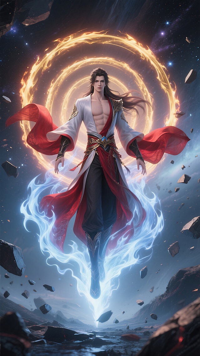 封号斗罗凌空而立，上半身照，周身环绕九层暗红色渐变至金色的十万年魂环同步展开，身穿飘逸的仙侠时装，超写实CG渲染，8K画质呈现发丝级细节，极端动态范围光照突显魂环辉光，背景为破碎虚空中的星辰碎片，魂力燃烧形成青白色火焰包裹全身轮廓，仙侠主题背景构图