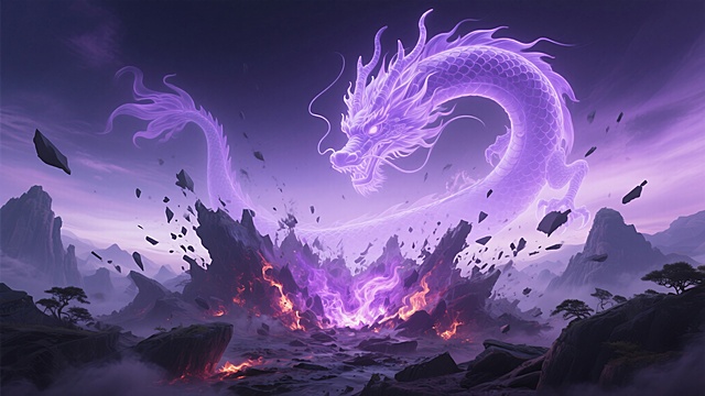 混沌初开的仙侠世界，巨大的紫色龙形虚影在破碎的天地间盘旋，龙鳞闪烁着浅紫色的光芒，下方是崩塌的仙山和喷发的紫色火焰，天空呈现渐变的紫黑双色，整体画面充满毁灭性的磅礴气势