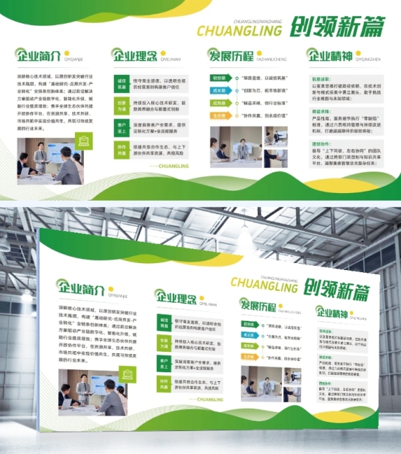 品牌文化墙绿色图文排版企业文化介绍展板预览效果