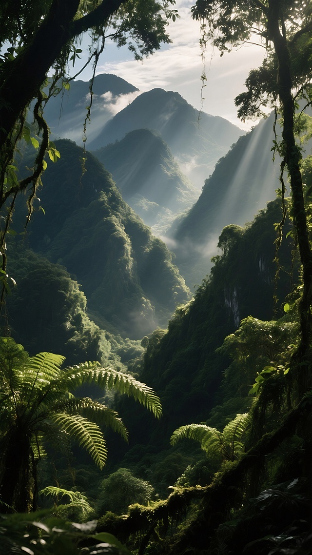 在这片山野风景中，阳光洒在大山上，创造出斑驳的光影图案。层层叠叠的大山营造出一种神秘而昏暗的环境，增强了阳光的迷人效果。藤蔓和蕨类植物生长在周围，营造出原始而充满活力的氛围。在光与影的相互作用下，摄影师有机会捕捉到热带雨林独特的美丽和神秘，每一个细微的光影变化都增加了构图的深度和魅力