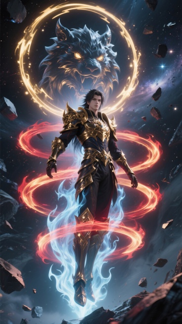 封号斗罗凌空而立，周身环绕九层暗红色渐变至金色的十万年魂环同步展开，人物穿戴暗金色浮雕铠甲，战甲表面流动液态魂力光泽，背后悬浮巨型兽首虚影，极端动态范围光照突显魂环辉光与战甲金属质感，广角仰拍视角展现预览效果