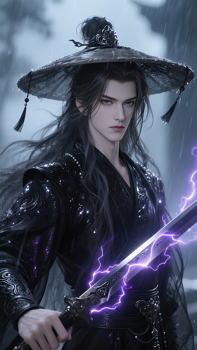 高级cg，古风美男，3d，线条清晰，明暗对比，朦胧氛围感，垂坠感，高级感，超高清画质，液态金属光泽黑茶灰色及腰超长蓬松凌乱发丝，细闪发光，蓬松超长发，凌乱拂面。妖孽的绝美容颜，正面头部特写。清冷，矜贵，妖孽，狭长的丹凤眼，极致妖孽的容貌，极致清冷感，清晰的睫毛。身着珠光黑色精美繁复华丽纱织汉服，细节配饰。星河流转的细闪发光绝美眼睛，冰冷，疯批，立体五官，朦胧感，微距镜头，冷光冷色调，动态光影，高质量，背景细闪发光特效，清透的水光肌肤，油腻的油画质感，黑色金属雕刻暗纹薄纱流苏装饰斗笠，眼神斜视，一袭黑衣，衣袂飘飘。手持黑色古朴图腾花纹锋锐长剑，剑身跳跃闪烁紫色雷光特效光，雨夜，紫霄神雷