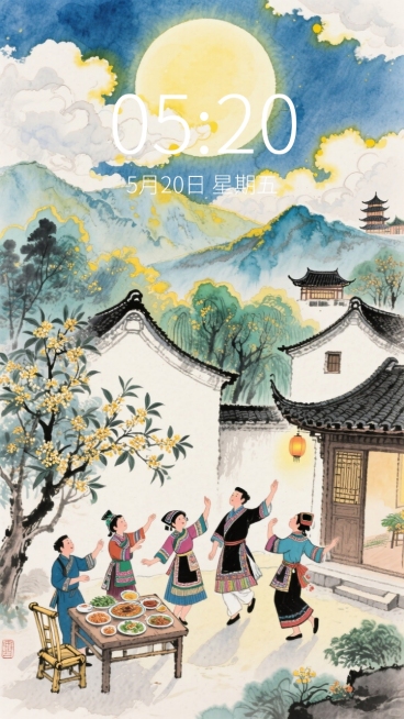 一轮明亮的圆月高挂天空，周围点缀着云朵和黄色光斑。近处是中式庭院，一家人穿着传统民族服饰在屋前翩翩起舞，桌上摆满食物，旁边有中式房屋，屋前有桂花枝，周围树木葱郁，远处是山峦和中式建筑预览效果