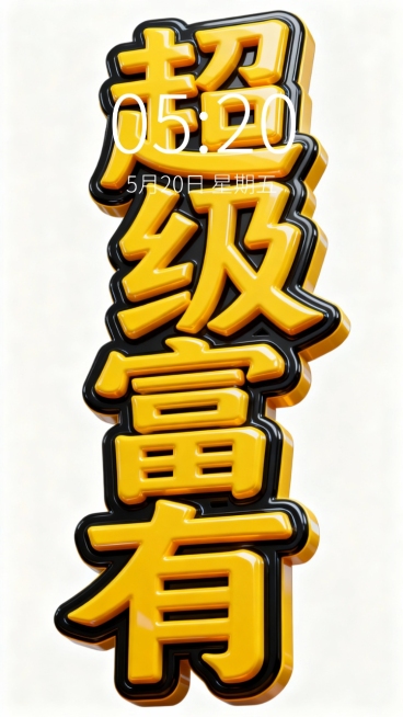 3D立体文字效果，文字内容为“超级富有”，黄色立体文字搭配黑色描边，文字呈不规则堆叠排列，具有强烈的层次感和空间感，高光和阴影细节丰富，展现出光滑的塑料或金属质感，背景为纯黑色，整体风格喜庆且富有视觉冲击力。预览效果
