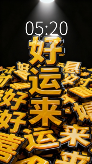 3D立体文字设计，大量堆叠的立体文字，文字为“好运来”，黄色立体文字，黑色边框，强烈的光影效果，顶部主光源，文字表面有光泽感，呈现出厚重的塑料或金属质感，文字之间相互交错叠压，形成密集的视觉效果，背景为纯黑色，整体风格充满喜庆、吉祥的氛围，具有强烈的视觉冲击力和立体感。预览效果