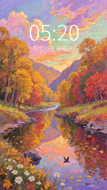 印象派风格油画，秋日午后的宁静山谷溪流，厚重的油彩笔触，浓烈丰富的色彩层次，天空呈现渐变的橙紫与粉绿交织的晚霞，云朵边缘镶着金边，山谷两侧是金黄与赭红相间的茂密树林，溪流水面倒映着绚烂的天色与岸边的秋预览效果