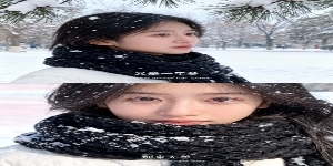 两宫格艺术感写真图，横向两宫格，场景为冬日落雪公园，色调呈冷白与浅粉渐变，地面铺雪，松枝挂雪。画面主体为穿白色羽绒服的少女。
上图：近景，图中人物围粗针织黑围巾，雪花点缀，眼神忧郁望右侧，添加中英文字预览效果
