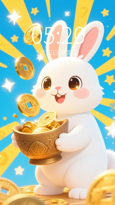 一只卡通风格的白色兔子正用容器承接从天而降的金色铜钱。背景是明亮的蓝色，点缀着星星、闪光图案和黄色的射线。预览效果