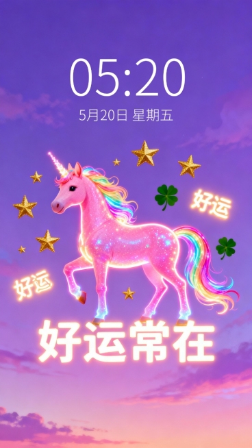 怪诞风格的本命年马年壁纸，画面中一匹通体发光的粉色独角兽马，鬃毛和尾巴流淌着彩虹色光带，周围漂浮着金色星星、四叶草和“好运”字样的发光符号，背景是渐变的梦幻紫色天空，整体色调明快又带着奇幻感，“好运常预览效果