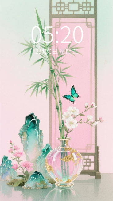 新中式，主体为透明琉璃质感的中式静物组合，包含插着翠竹的淡粉描金圆形花瓶、琉璃假山石群、粉白花朵，搭配飞舞的蓝绿色蝴蝶。在中式屏风前。营造清新氛围，搭配金色点缀。画面呈现粉绿色调，干净的粉色渐变背景预览效果