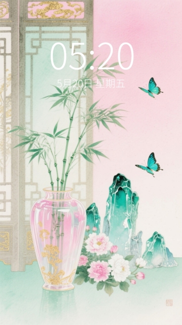 新中式，主体为透明琉璃质感的中式静物组合，包含插着翠竹的淡粉描金花瓶、琉璃假山石群、粉白花朵，搭配飞舞的蓝绿色蝴蝶。在中式屏风前。营造清新氛围，搭配金色点缀。画面呈现粉绿色调，干净的粉色渐变背景预览效果