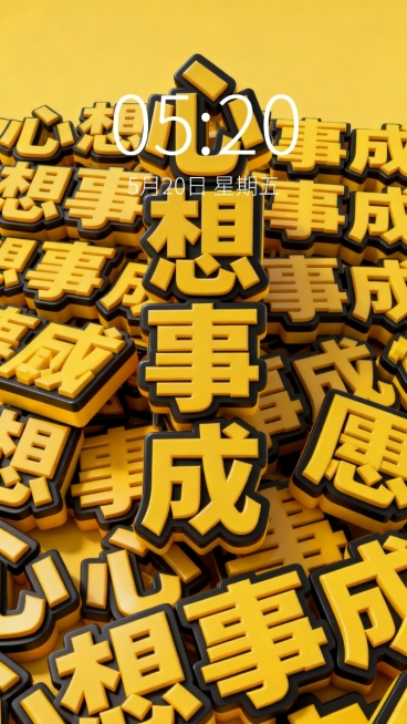 大量立体堆叠的黄色文字“心想事成”，文字边缘有黑色描边，呈现出厚重的3D质感，具有明显的阴影和高光效果，整体排列密集且富有层次感，背景为纯色。预览效果