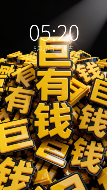 3D渲染风格，大量黄色立体文字“巨有钱”以堆叠交错的方式布满整个画面，文字边缘有黑色描边，形成鲜明对比，黄色文字具有光滑的塑料质感和清晰的高光反射，黑色背景纯黑无杂质，整体光影从斜上方照射，文字顶部有明亮高光，底部和缝隙处有自然阴影，营造出强烈的空间层次感和视觉冲击力，保持与原图一致的密集排版和立体效果。预览效果