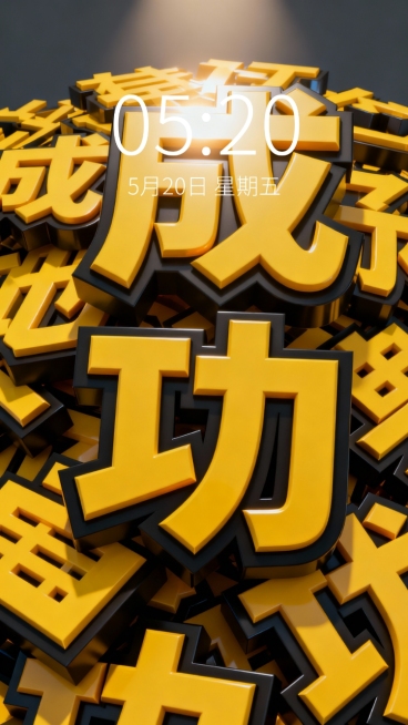 3D渲染风格，纯色背景，大量堆叠的立体文字，文字为“成功”，黄色字体，黑色立体边框，字体粗壮有厚重感，边缘锐利，具有强烈的浮雕效果，文字相互交错重叠，形成密集的视觉冲击，光影从上方照射，文字顶部有明亮高光，底部有深色阴影，整体呈现出鲜明的立体感和层次感，色彩对比强烈，视觉焦点突出，传达出积极向上、充满力量的氛围。预览效果
