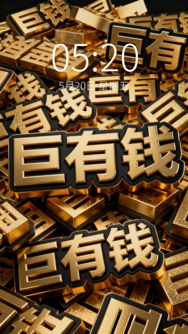 3D立体文字效果，大量金色"巨有钱"文字以堆叠交错的方式密集排列，文字边缘为黑色描边，整体呈现出强烈的浮雕质感和厚重感，金色文字具有金属光泽和细微的光影反射，黑色背景使文字更加突出，营造出奢华且充满视觉冲击力的氛围。预览效果