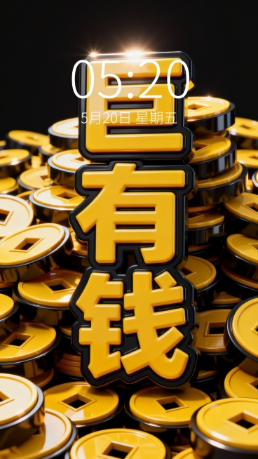 大量堆叠的3D立体文字，黄色立体字身，黑色立体字边，具有明显的厚度感和浮雕效果，文字表面光滑有光泽，整体呈现出密集交错、层层叠叠的构图，光影效果为侧上方光源，文字顶部和边缘有明亮高光，底部和缝隙处有深色阴影，营造出强烈的立体感和空间层次，背景为纯黑色，突出文字主体，文字内容为“巨有钱”。预览效果