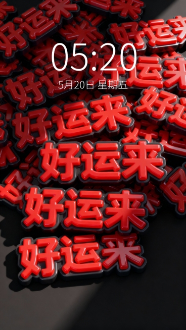 3D立体文字设计，众多"好运来"字样以堆叠交错的方式排列，文字主体为鲜艳的红色，边缘有深色描边增强立体感，文字表面呈现光滑的塑料质感并带有细微光泽，整体保持紧密的视觉密度，背景为纯黑色，光线从斜上方照射形成明显的明暗对比和清晰阴影，营造出饱满、喜庆且富有冲击力的视觉效果。预览效果