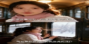 女生穿白色马海毛毛衣，粉色围巾绕颈，老式火车背景。上宫格：大特写镜头，女生脸部特写，车厢暖光从头顶灯处洒下，发丝发光，眼神带点旅途的憧憬，嘴唇微抿。添加中英字幕 “雪落车窗外，憧憬在旅途中发酵”“Sn预览效果