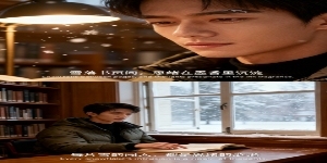 生成一张两宫格冬日电影感叙事写真，上下2屏均分拼图，服装保持一致，地点是图书馆内。
上宫格：大特写镜头，男生脸部特写，雪花（从窗外飘入）沾在睫毛与鼻梁，图书馆暖光从台灯处洒下，眼神专注又带点温柔，嘴唇预览效果