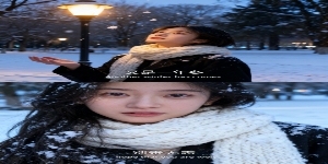 两宫格艺术感写真图，横向两宫格，场景为夜间的冬日落雪公园，色调主色调为冷白 + 浅蓝，地面铺雪，暖黄的路灯。画面主体为穿黑色大衣的少女。 上图：近景，图中人物围粗针织白围巾，雪花点缀，眼神忧郁望天空，预览效果