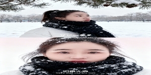两宫格艺术感写真图，横向两宫格，场景为冬日落雪公园，色调呈冷白与浅粉渐变，地面铺雪，松枝挂雪。画面主体为穿白色羽绒服的少女。
上图：近景，图中人物围粗针织黑围巾，雪花点缀，眼神忧郁望右侧，添加中英文字预览效果