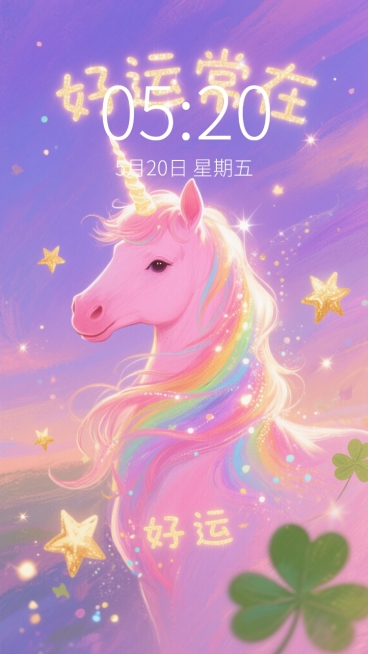 怪诞风格的本命年马年壁纸，画面中一匹通体发光的粉色独角兽马，鬃毛和尾巴流淌着彩虹色光带，周围漂浮着金色星星、四叶草和“好运”字样的发光符号，背景是渐变的梦幻紫色天空，整体色调明快又带着奇幻感，“好运常预览效果