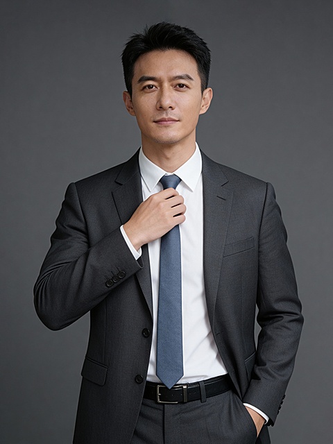 商务专业深灰色西装手扶领带男性职业形象照