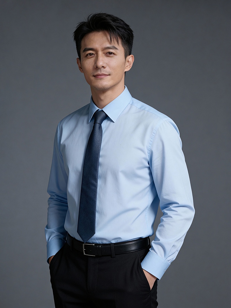 商务蓝色衬衫双手插兜男士形象照