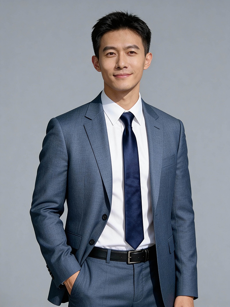 商务雾蓝色西装单手插兜男士形象照