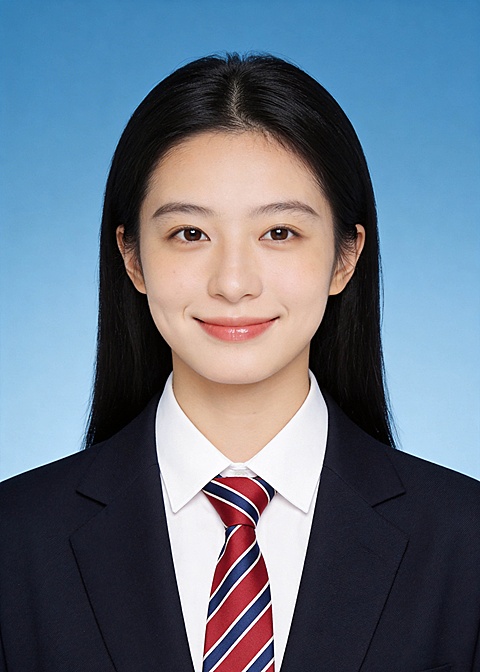 简约红格领带求职女生蓝底证件照