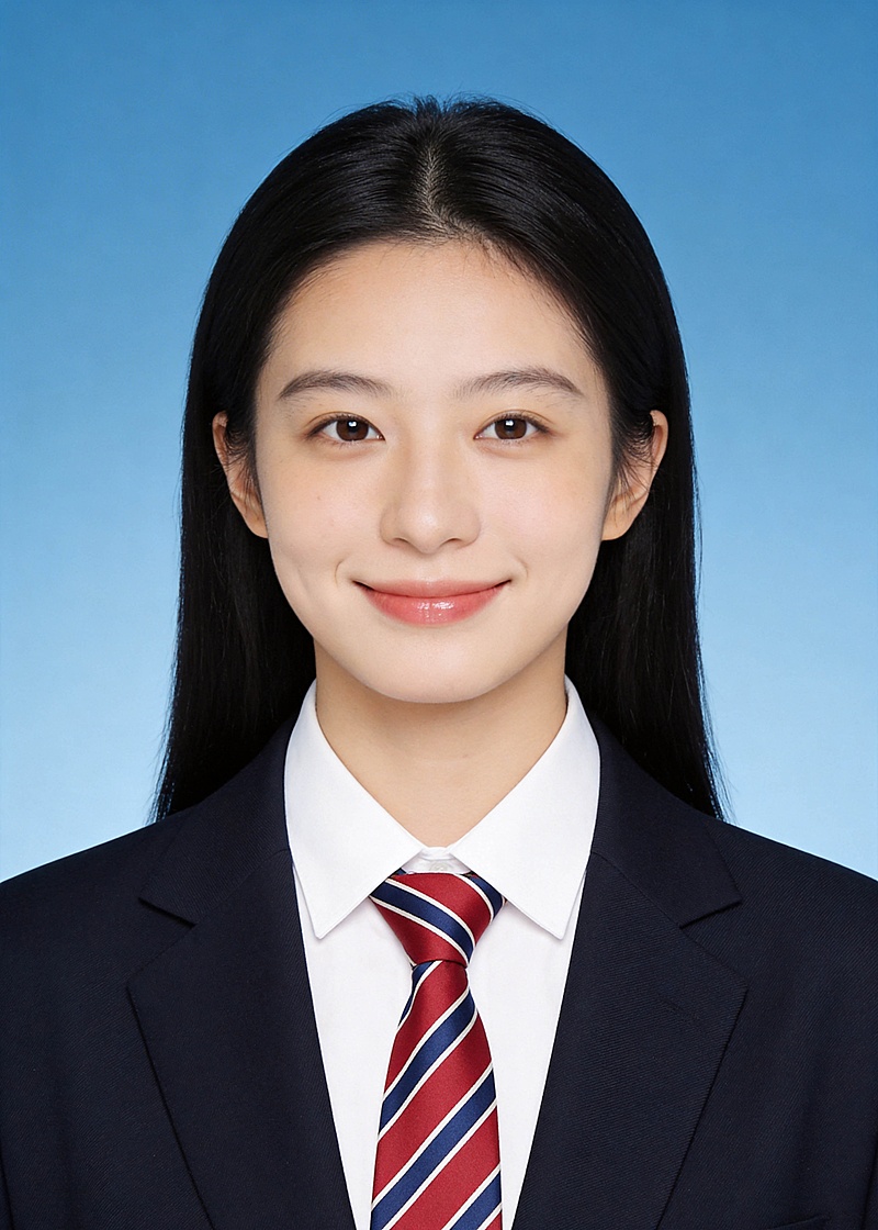 简约红格领带求职女生蓝底证件照