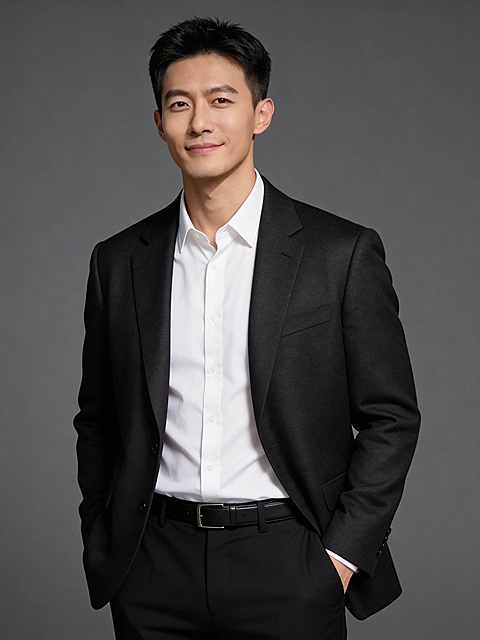 商务单手插兜黑色西装男士形象照