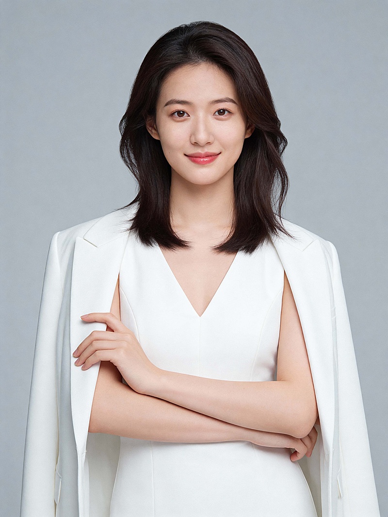 大气白色连衣裙外套抱胸女士形象照