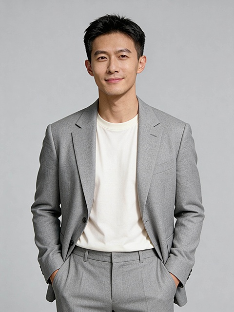 清爽灰色休闲西装男性双手插兜职业形象照