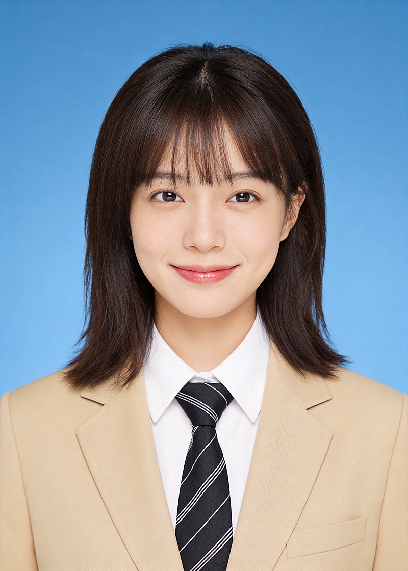 咖色学院风直发女生蓝底证件照