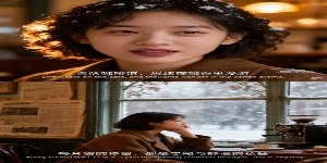 生成一张两宫格冬日电影感叙事写真，上下2屏均分拼图，服装、发型保持一致，穿咖色大衣，地点是咖啡厅。
上宫格：大特写镜头，女生脸部特写，雪花（窗外）沾在卷曲的发丝与豆沙色唇釉上，咖啡馆暖黄灯光在脸上铺出预览效果