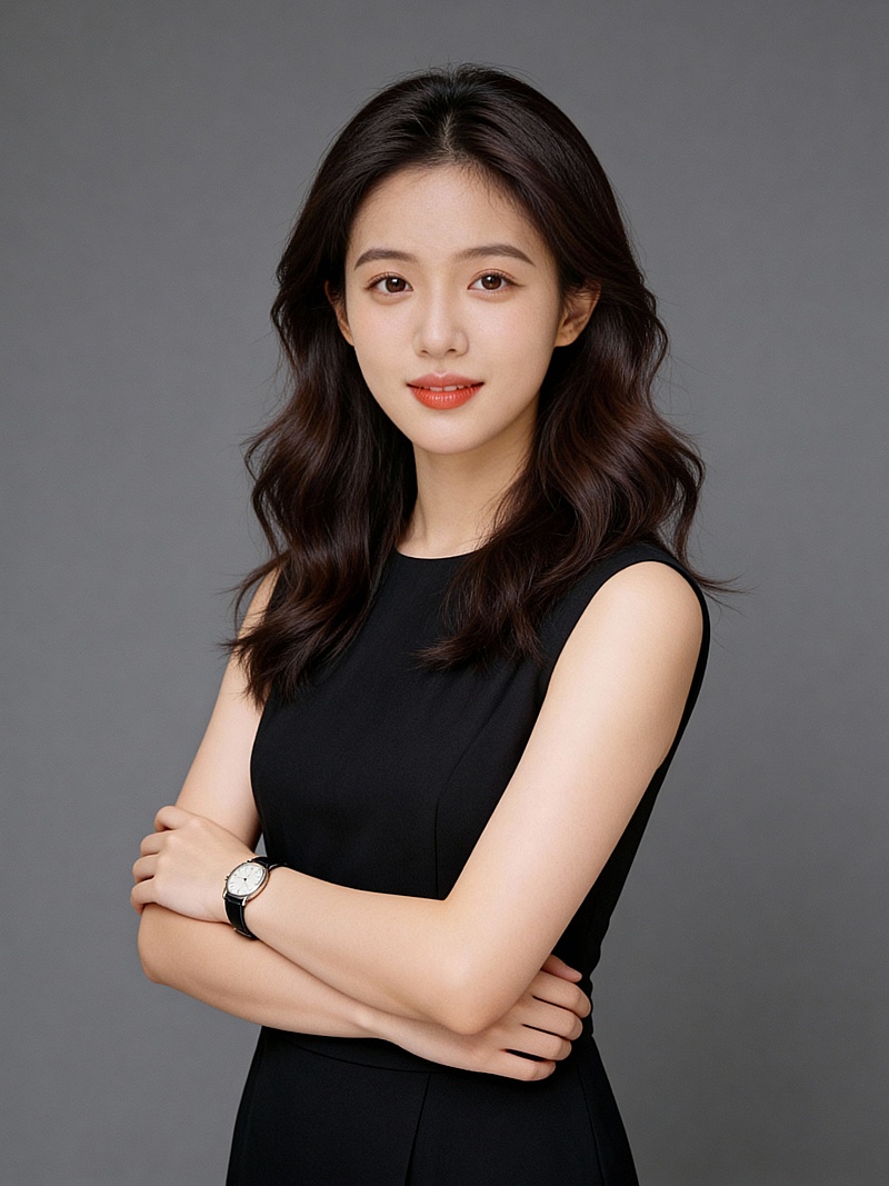 干练美式黑色裙子双手抱胸女士形象照