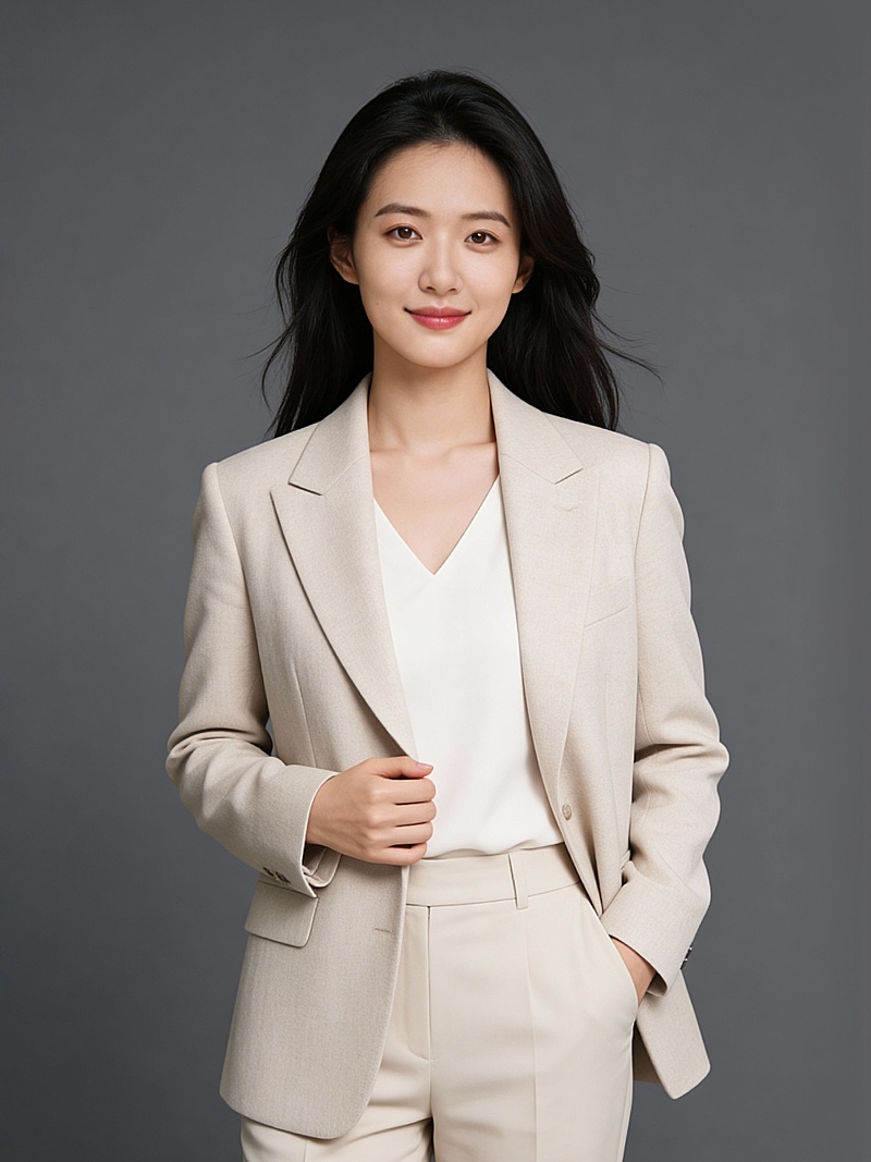 温柔杏色西装白内搭女士形象照