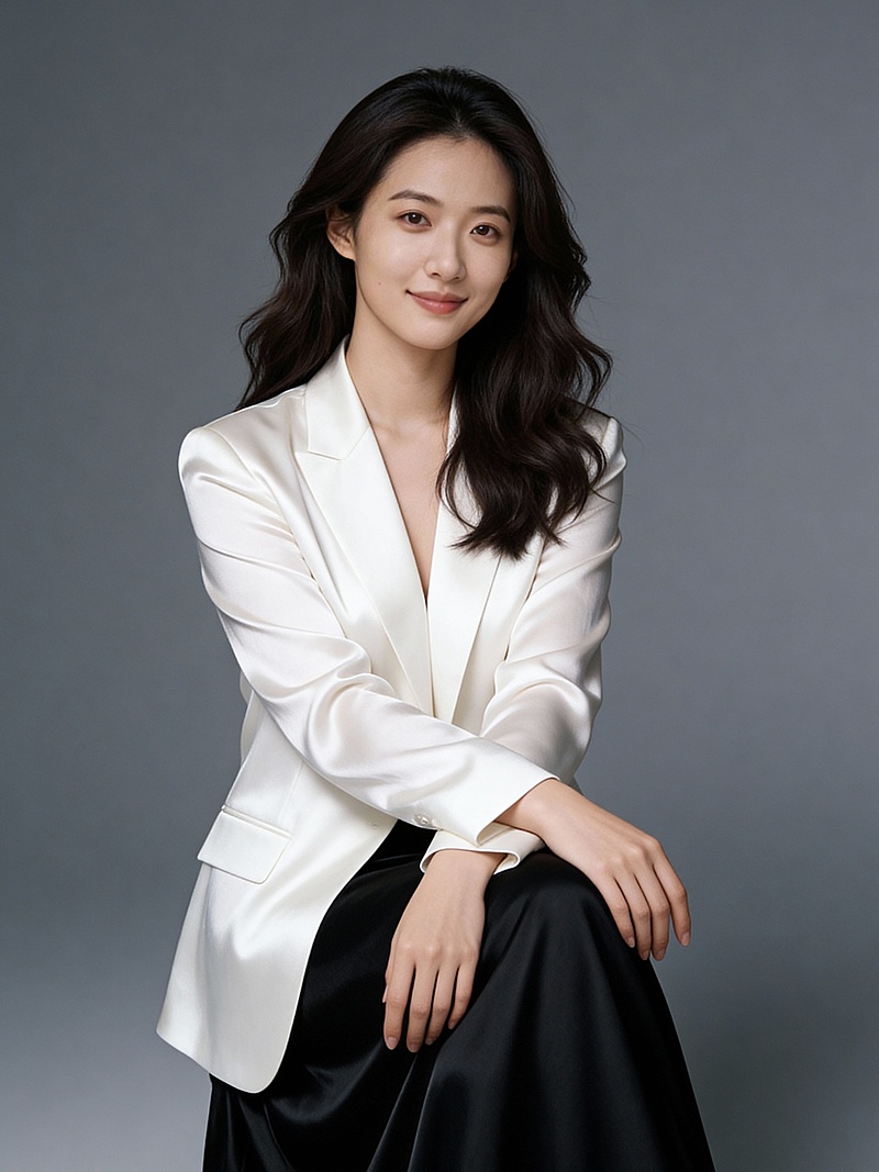 温柔白色上衣黑裙子坐姿女士形象照