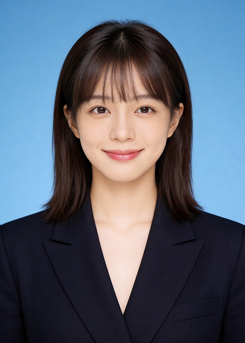 V领黑色西装蓝底证件照