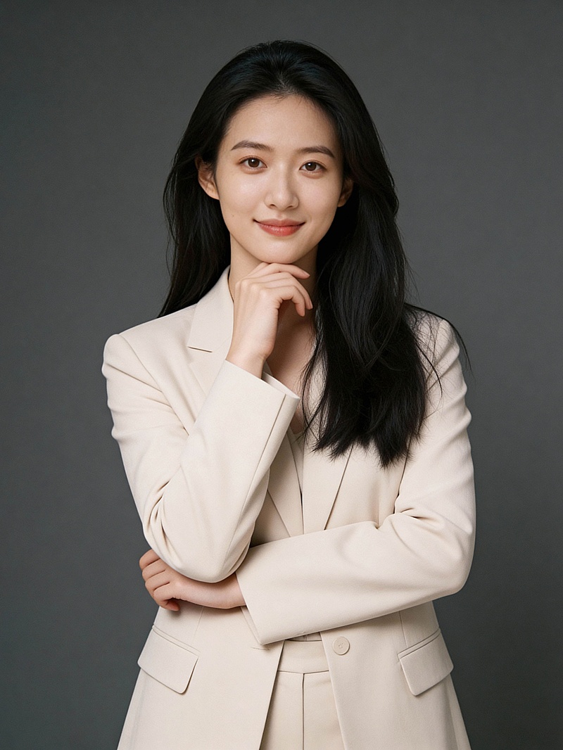 温柔杏色西装套装手抵下巴女士形象照